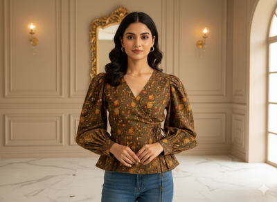 Brown Floral Printed Semi Pashimna Woolen Fabric