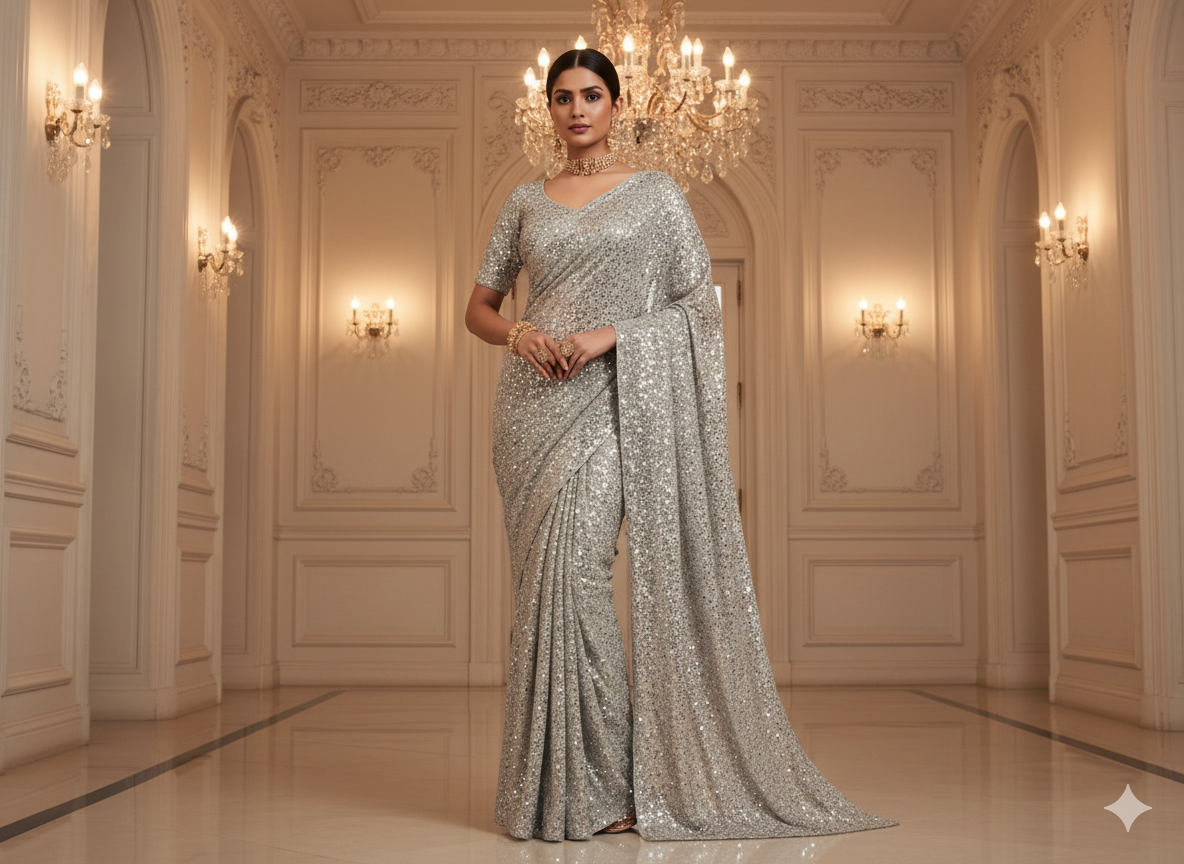Light Gray  Viscose Georgette With Sequins Embroidered Fabric
