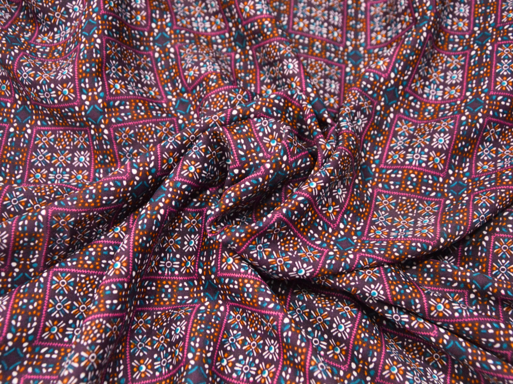 Dark Purple Square Block Dgitally Printed Butter Crepe Fabric