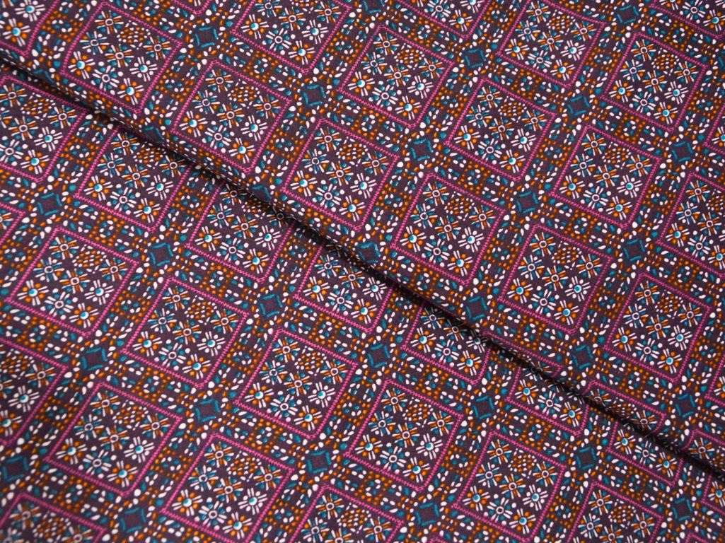 Dark Purple Square Block Dgitally Printed Butter Crepe Fabric