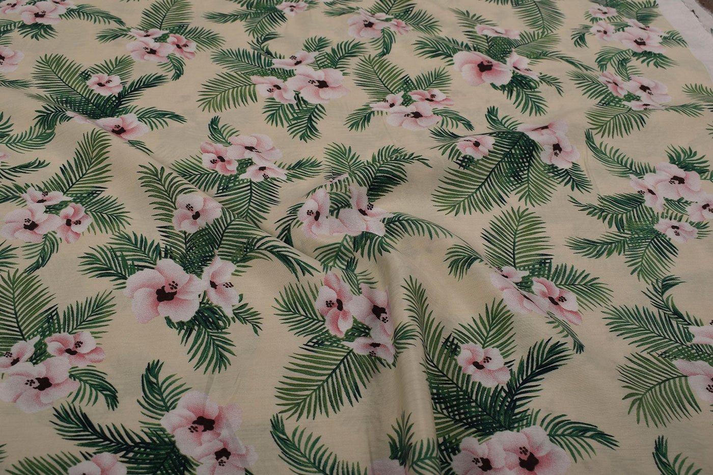 Precut 1 Metre Cream & Green Traditional Printed Viscose Blend Fabric