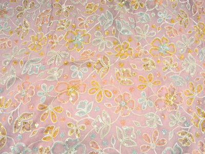 Pastel Pink Viscose Georgette With Sequins Embroidered Fabric