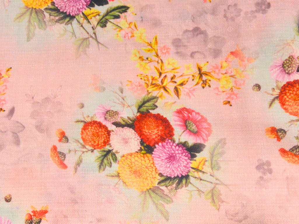 Baby Pink Floral Printed Semi Pashimna Woolen Fabric