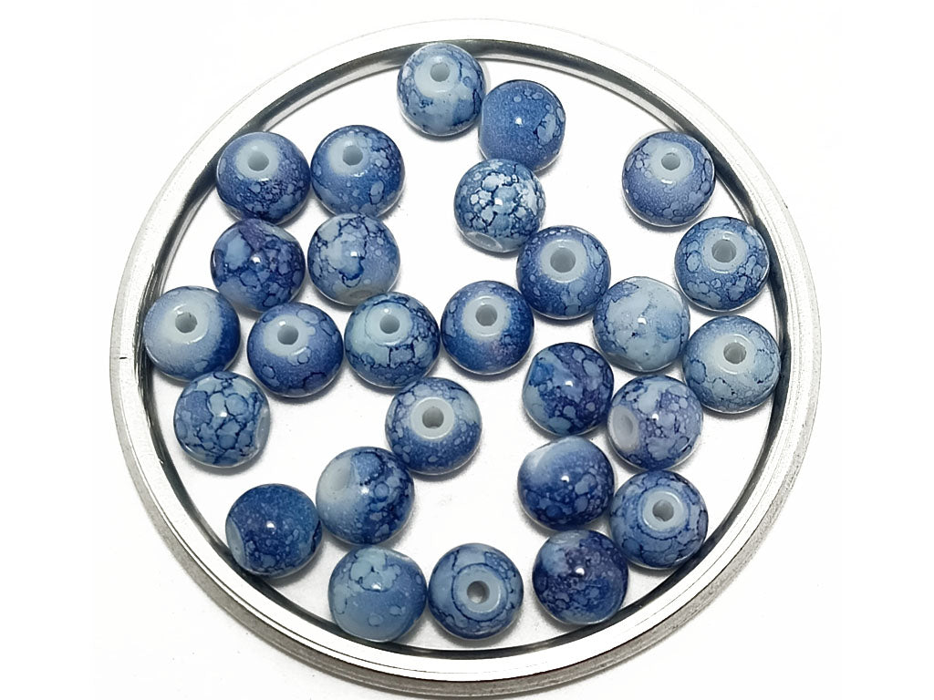 Cobalt Blue & White Spherical Spotted Glass Pearls