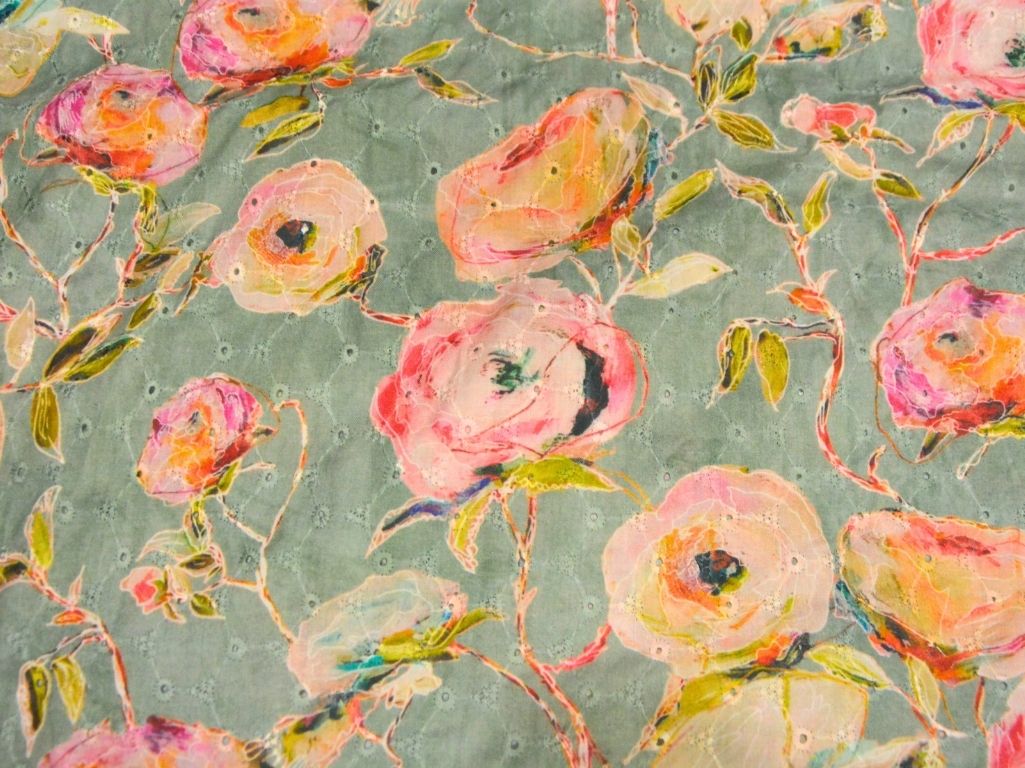 Pastel Green 100 % Pure Cotton Chikan Embroidered Fabric