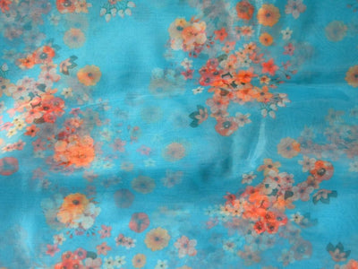 Blue Floral Digital Printed Liquid Organza Fabric