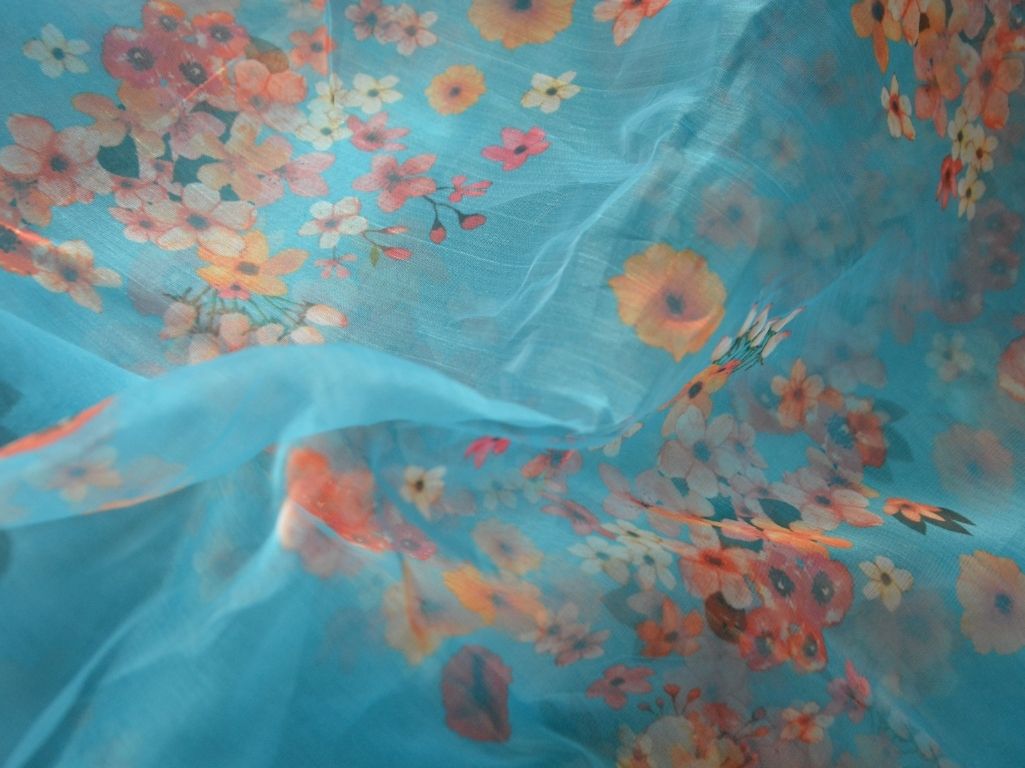 Blue Floral Digital Printed Liquid Organza Fabric