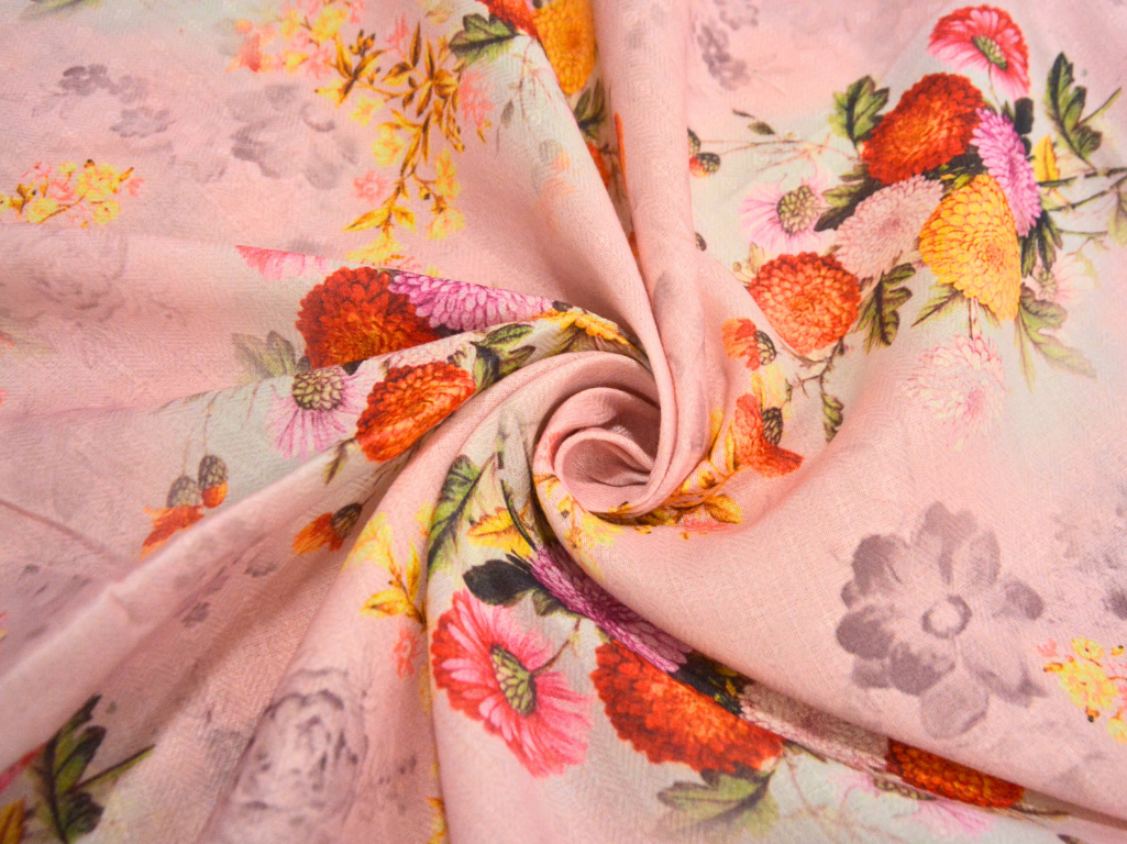 Baby Pink Floral Printed Semi Pashimna Woolen Fabric