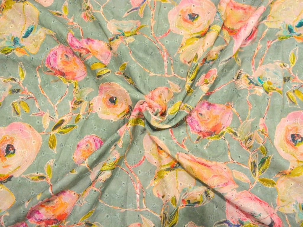 Pastel Green 100 % Pure Cotton Chikan Embroidered Fabric