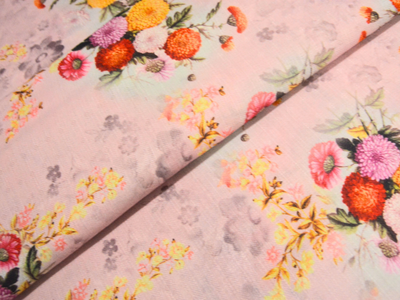 Baby Pink Floral Printed Semi Pashimna Woolen Fabric