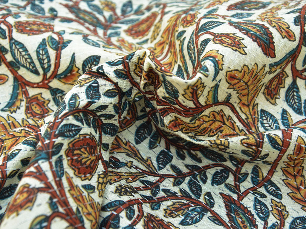 White Floral Pure Cotton Kantha Fabric