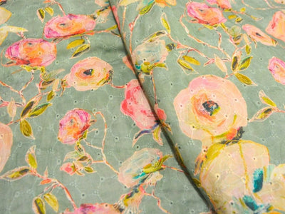 Pastel Green 100 % Pure Cotton Chikan Embroidered Fabric