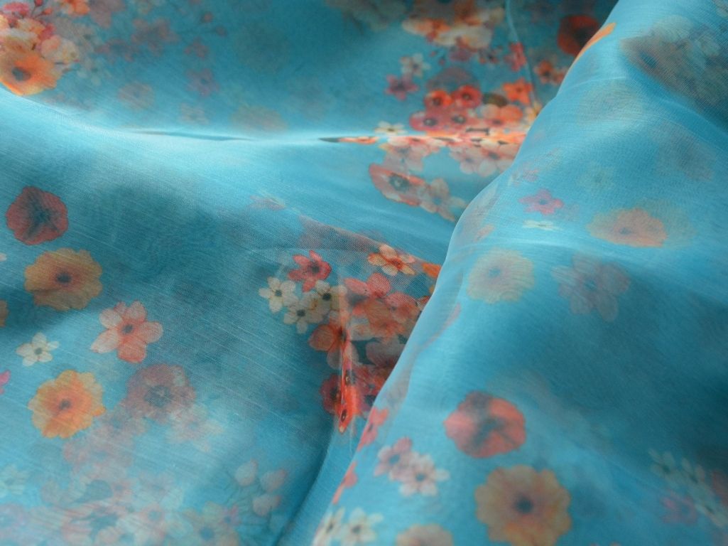 Blue Floral Digital Printed Liquid Organza Fabric