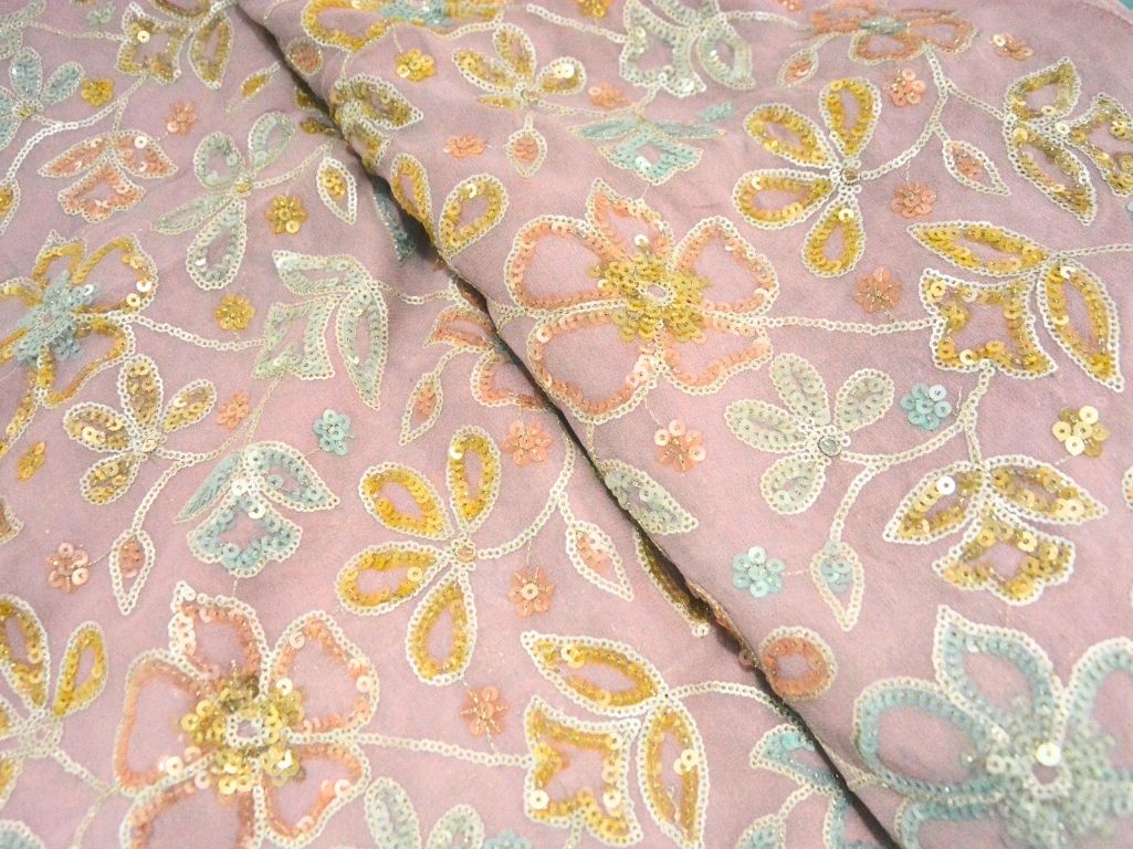 Pastel Pink Viscose Georgette With Sequins Embroidered Fabric