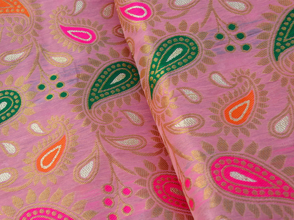 Pink Multicolor Paisely Heavy Semi Banarasi Brocade Fabric