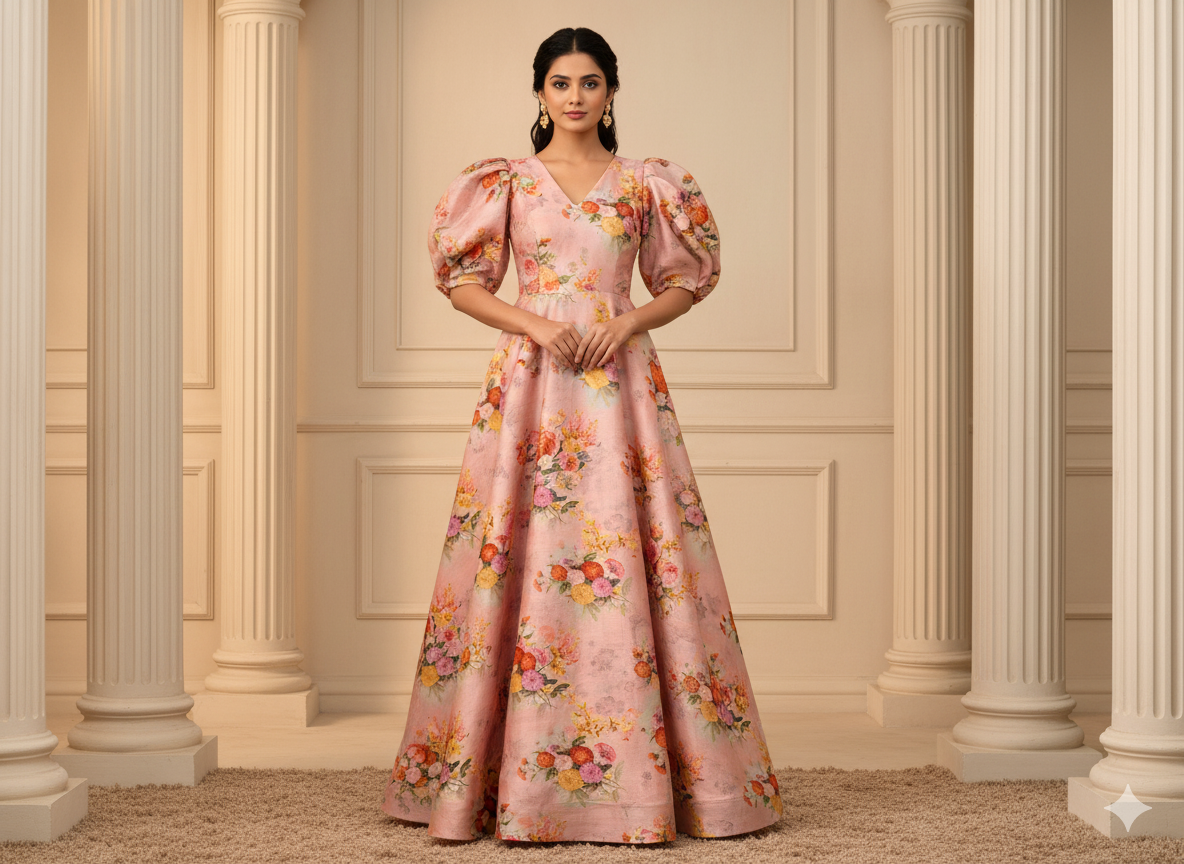 Baby Pink Floral Printed Semi Pashimna Woolen Fabric