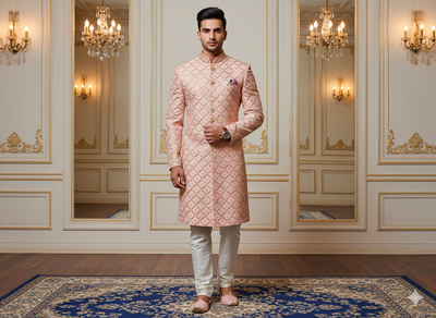 पीच मेटैलिक सेक्विन कढ़ाई मलाई साटन कपड़ा