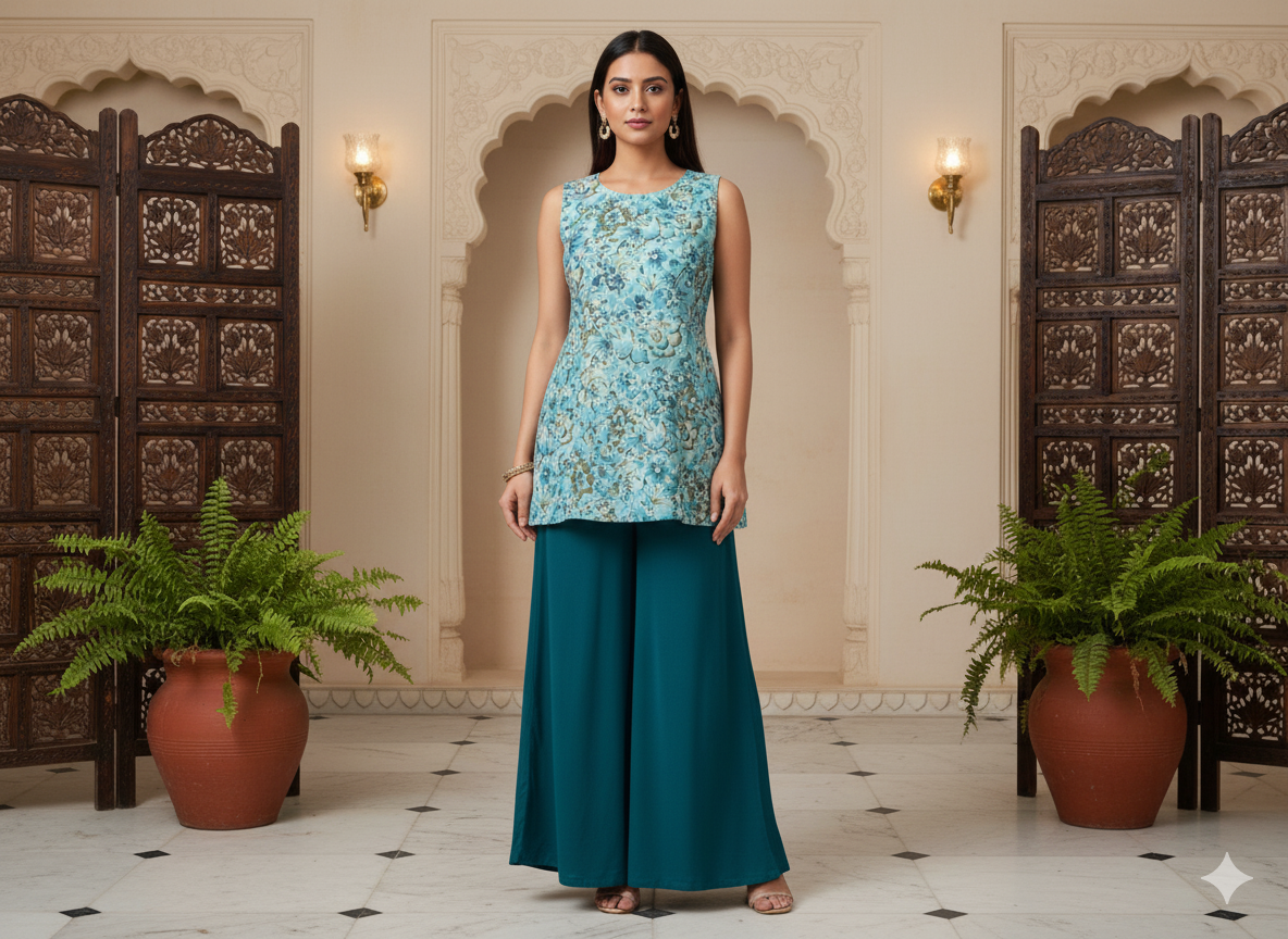 Baby Blue Floral Digitally Printed Butter Crepe Fabric