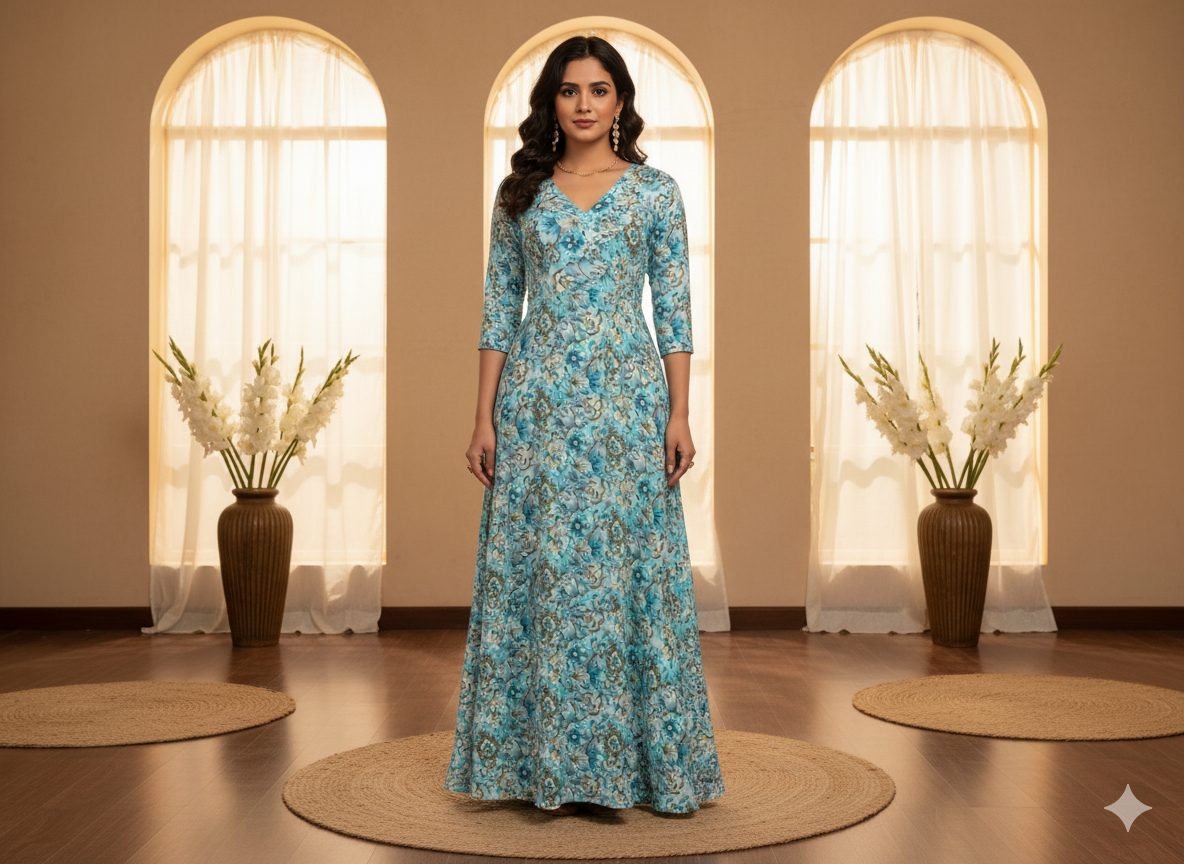 Baby Blue Floral Digitally Printed Butter Crepe Fabric