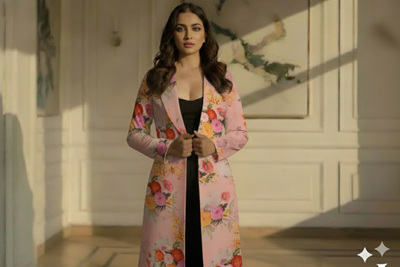 Baby Pink Floral Printed Semi Pashimna Woolen Fabric