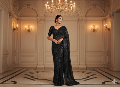 Black  Viscose Georgette With Sequins Embroidered Fabric