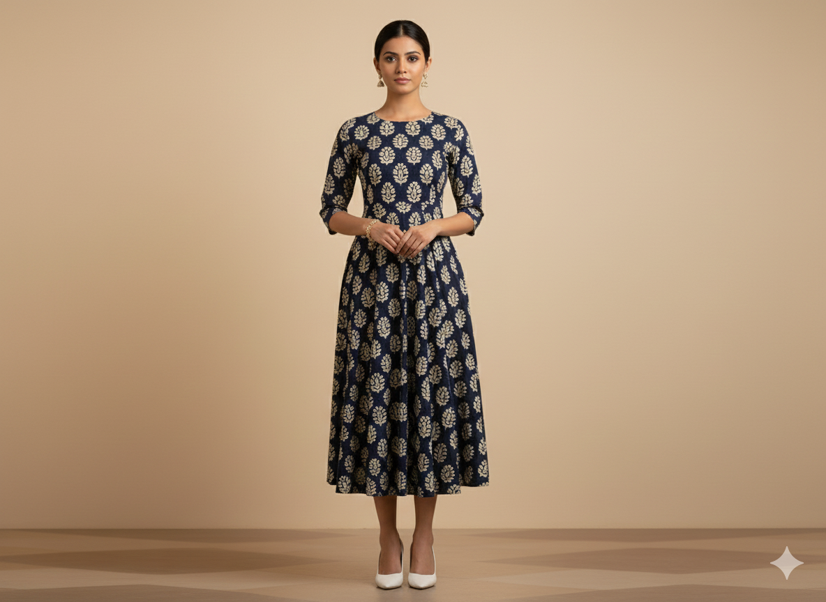 इंडिगो हैंडब्लॉक्ड शुद्ध कॉटन फ़ैब्रिक