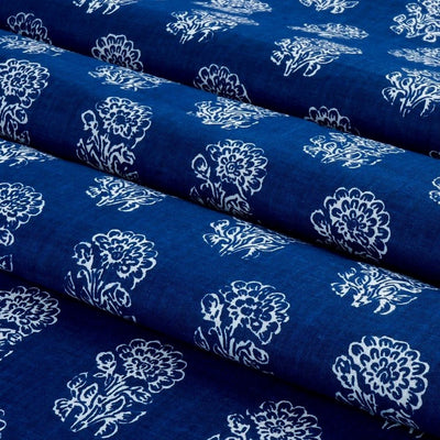 Navy Blue & White Floral Printed Pure Cotton Fabric