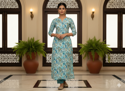 Baby Blue Floral Digitally Printed Butter Crepe Fabric