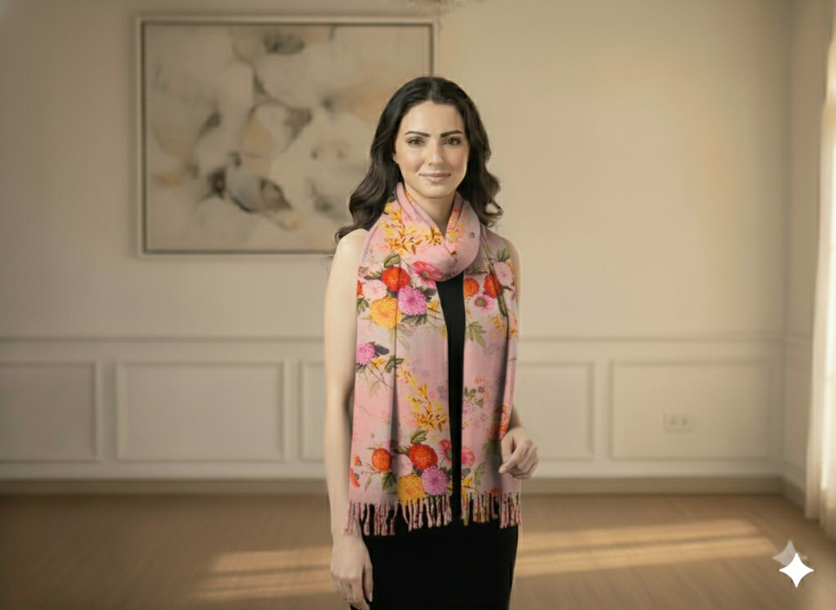 Baby Pink Floral Printed Semi Pashimna Woolen Fabric