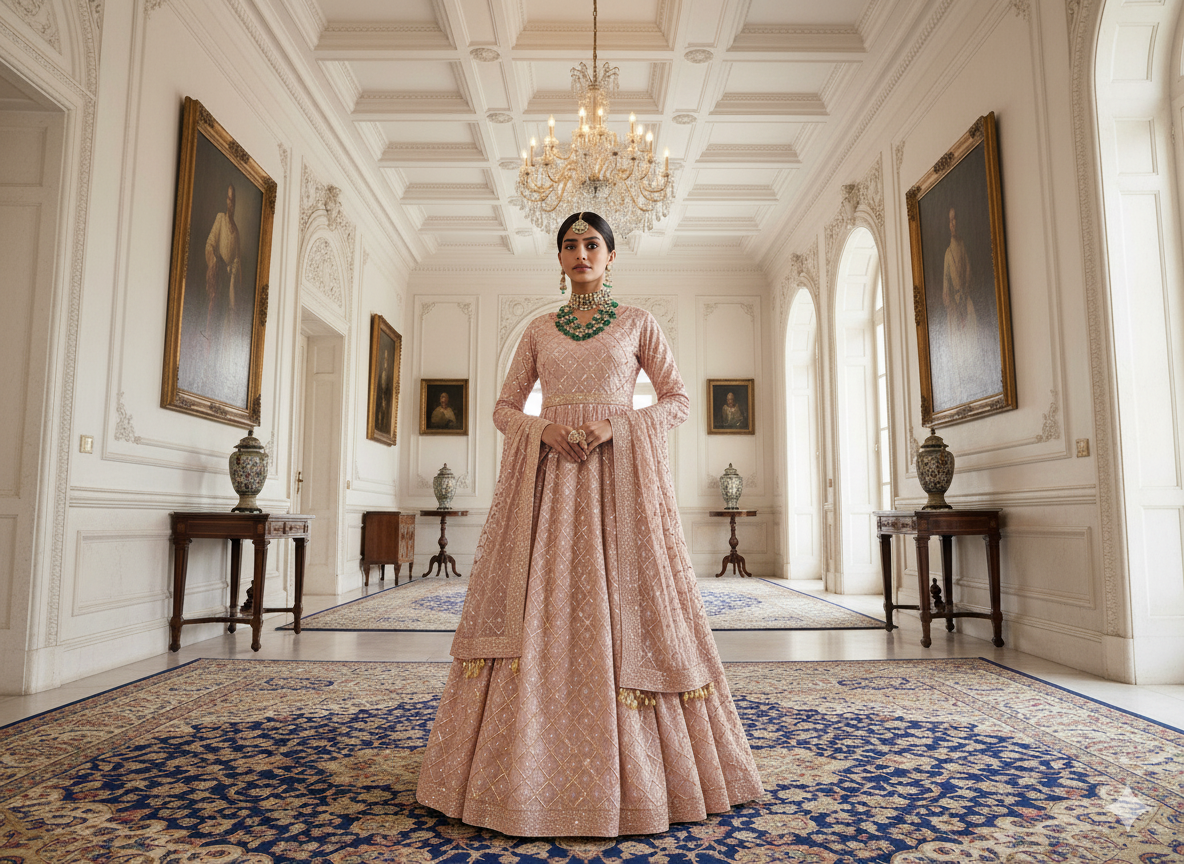 पीच मेटैलिक सेक्विन कढ़ाई मलाई साटन कपड़ा