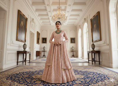 पीच मेटैलिक सेक्विन कढ़ाई मलाई साटन कपड़ा