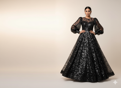 Black  Viscose Georgette With Sequins Embroidered Fabric