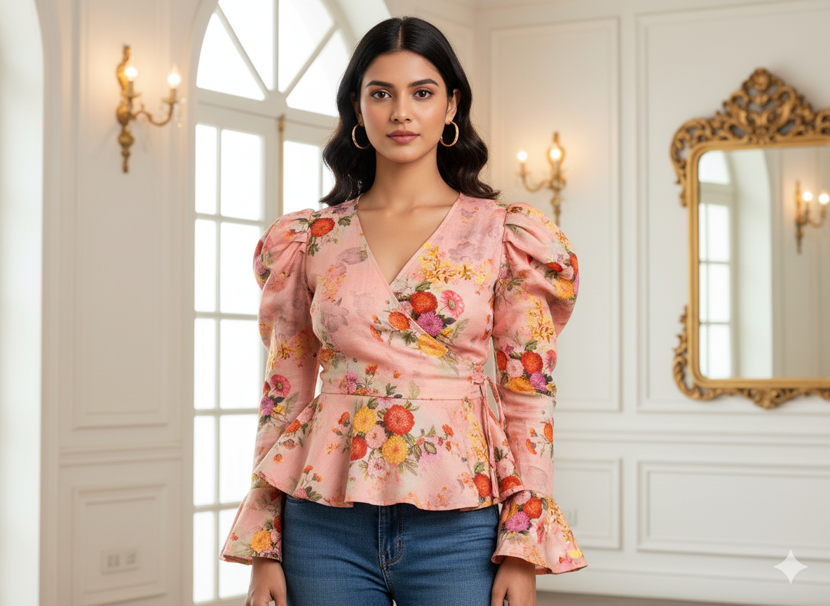 Baby Pink Floral Printed Semi Pashimna Woolen Fabric