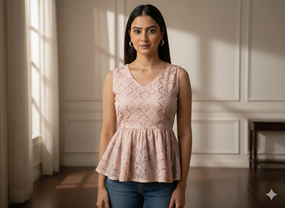 पीच मेटैलिक सेक्विन कढ़ाई मलाई साटन कपड़ा