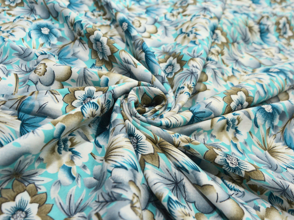 Baby Blue Floral Digitally Printed Butter Crepe Fabric