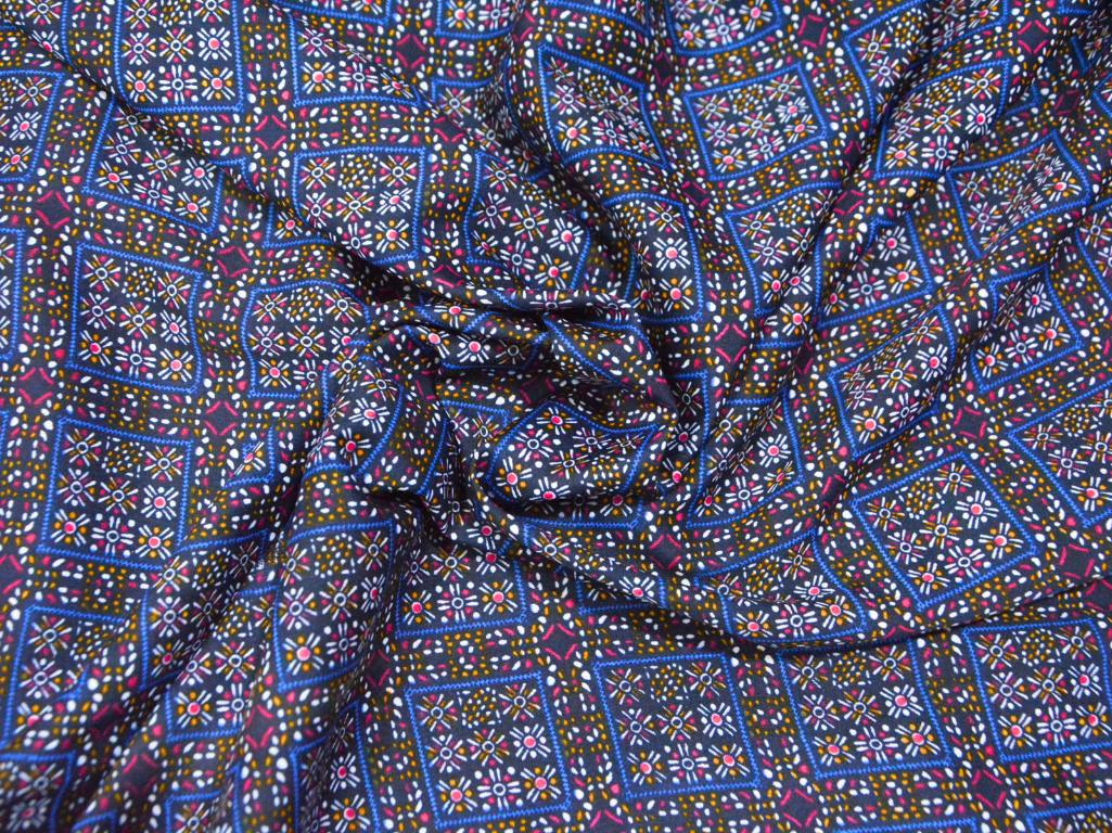 Blue Square Block Dgitally Printed Butter Crepe Fabric