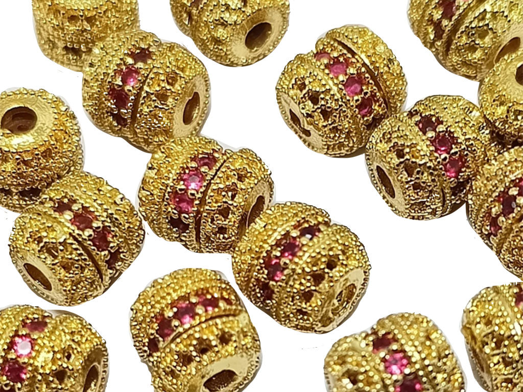 Pink & Golden  AD Stone Drum Shaped Spacer Beads