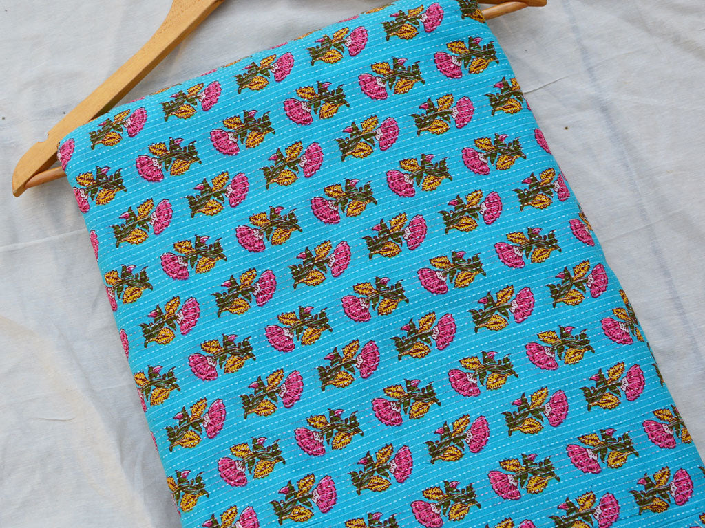 Light Blue Floral Pure Cotton Kantha Fabric