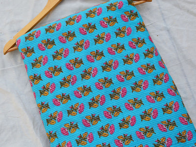 Light Blue Floral Pure Cotton Kantha Fabric