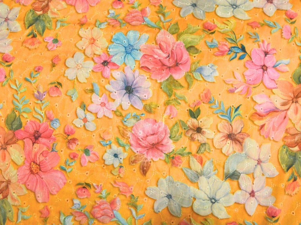 Yellow 100 % Pure Cotton Chikan Embroidered Fabric