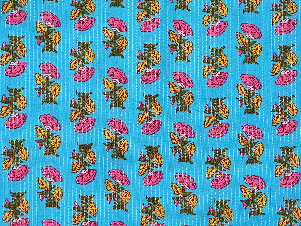 Light Blue Floral Pure Cotton Kantha Fabric