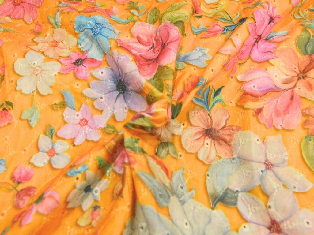 Yellow 100 % Pure Cotton Chikan Embroidered Fabric