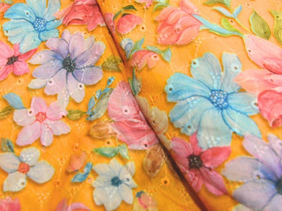 Yellow 100 % Pure Cotton Chikan Embroidered Fabric