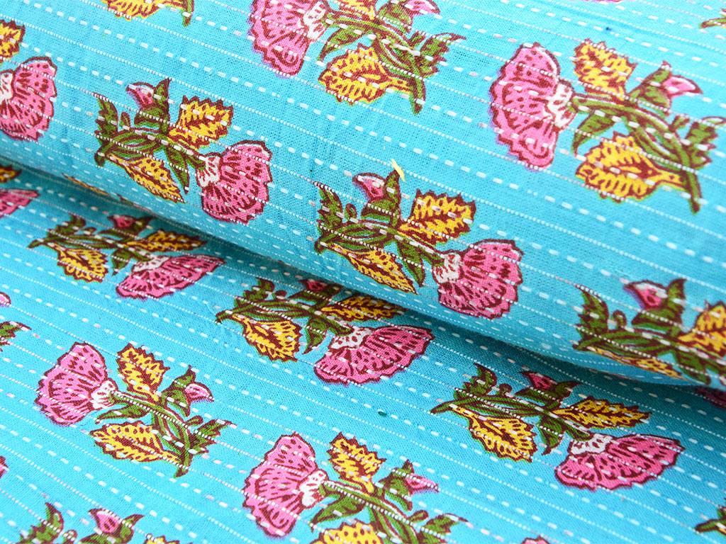 Light Blue Floral Pure Cotton Kantha Fabric