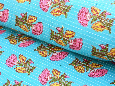 Light Blue Floral Pure Cotton Kantha Fabric