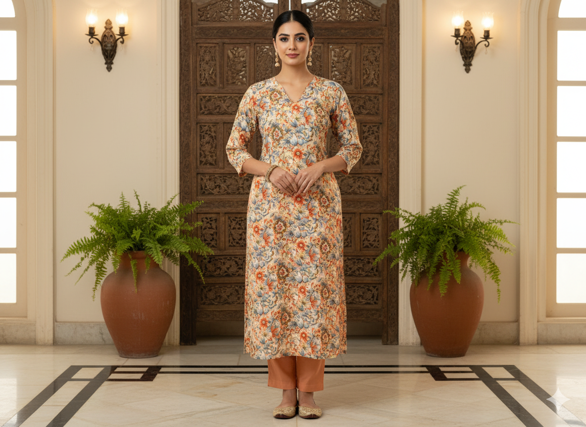 Orange Floral Digitally Printed Butter Crepe Fabric