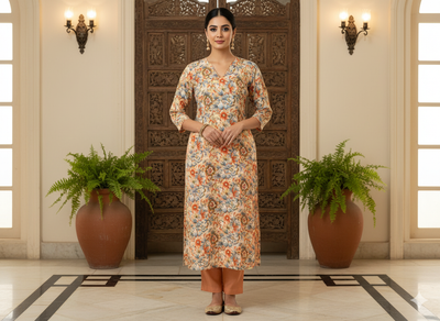 Orange Floral Digitally Printed Butter Crepe Fabric