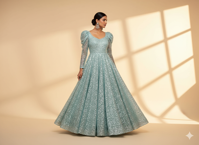Light Blue Pure Viscose Georgette With Sequins Embroidered Fabric