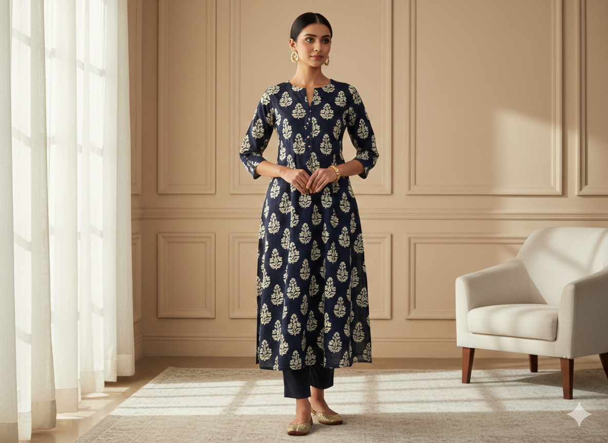 इंडिगो हैंडब्लॉक्ड शुद्ध कॉटन फ़ैब्रिक