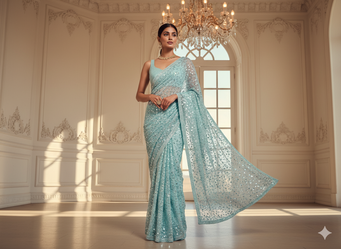 Light Blue Pure Viscose Georgette With Sequins Embroidered Fabric
